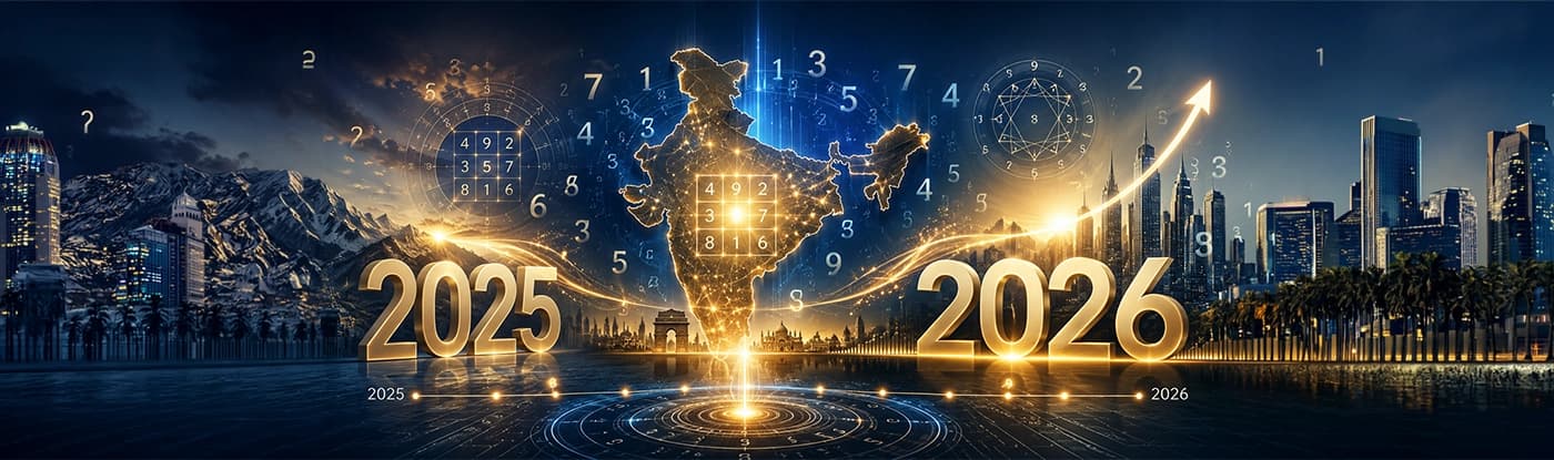 India Numerology Predictions 2026 showing transition from Number 9 year 2025 to Number 1 year 2026 with Sun and Jupiter energy India Numerology Predictions 2026 showing transition from Number 9 year 2025 to Number 1 year 2026 with Sun and Jupiter energy