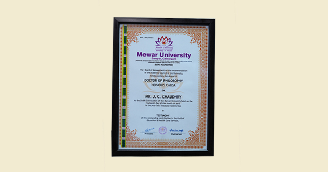Doctorate Degree by the Mewar University in Rajasthan J C Chaudhry