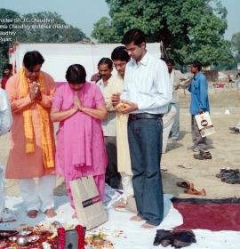 (from Left to Right) Pandit Ji, Managing Trustee(Sh.J.C.Chaudhry) with his wife Smt.Kamla Chaudhry and their Children Aakash & Aashish Chaudhry Performing Bhoomi Pujan at Vaishno Devi Dham Vrindavan by J C Chaudhry Numerologist