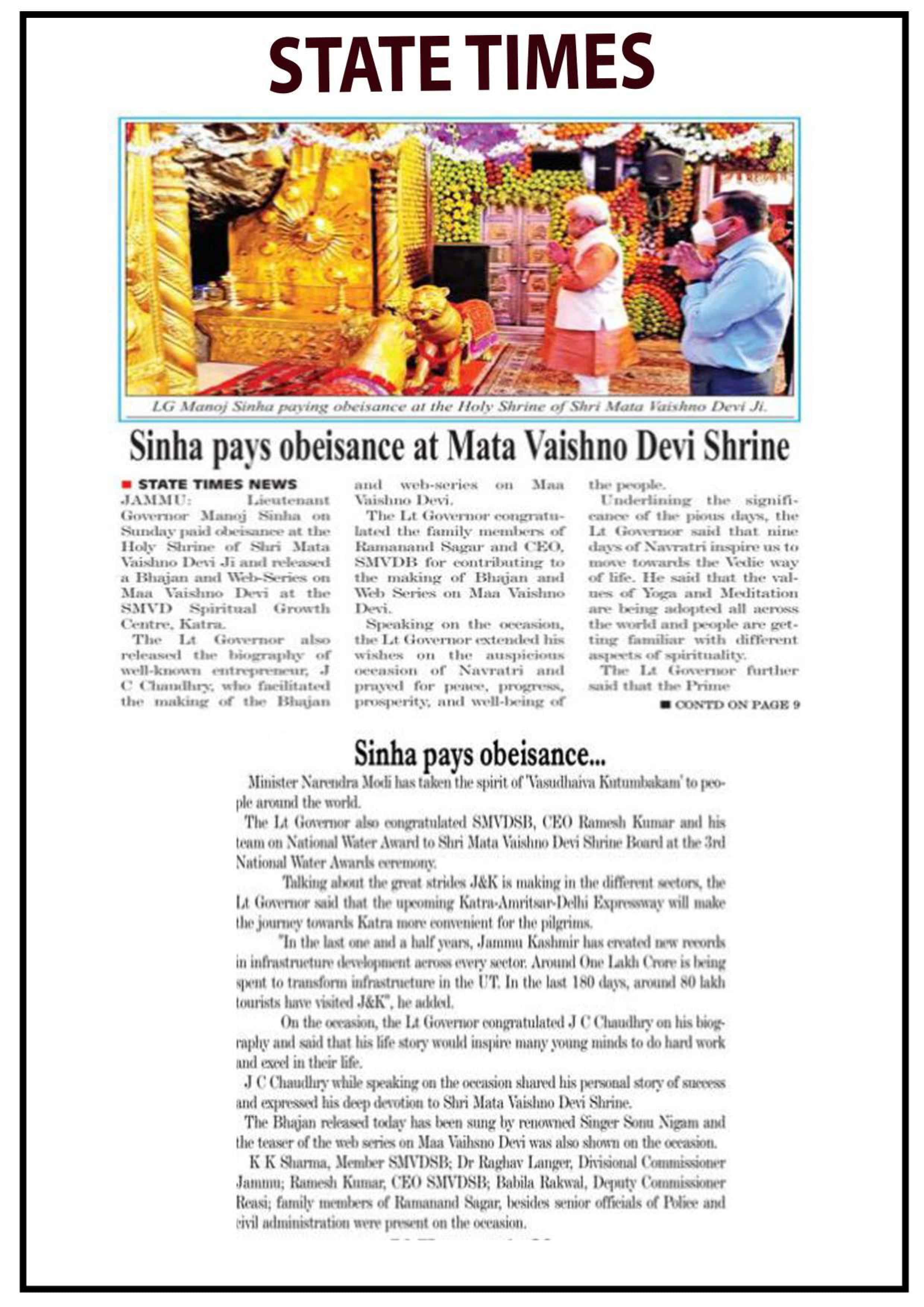 Lg Manoj Sinha pay homage at Maa Vaishno Shrine-- State Times